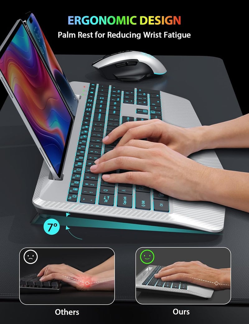 SABLUTE Wireless Keyboard and Mouse Backlits, Wrist Rest, LED Mouse, Rechargeable Ergonomic Keyboard with Phone Holder, Silent Light Up Combo for Computer, Mac, PC, Laptop, Chromebook (Silver Black) - Image 3